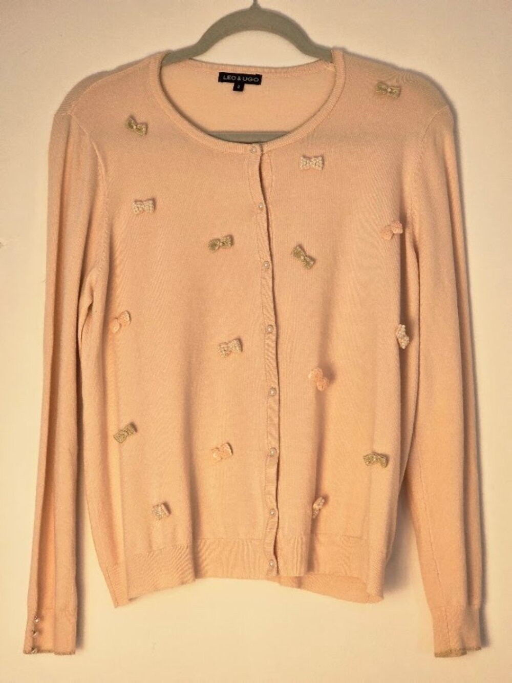 LEO & UGO Paris Embellished Bow Cardigan Blush Pink/Peach Pearl Buttons Size S-M
